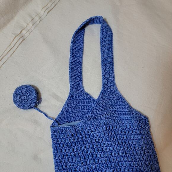 Crocheted‎ Market Bag Mesh Tote Knit Blue Coquette Cottage Casual Traditional - Picture 4 of 14